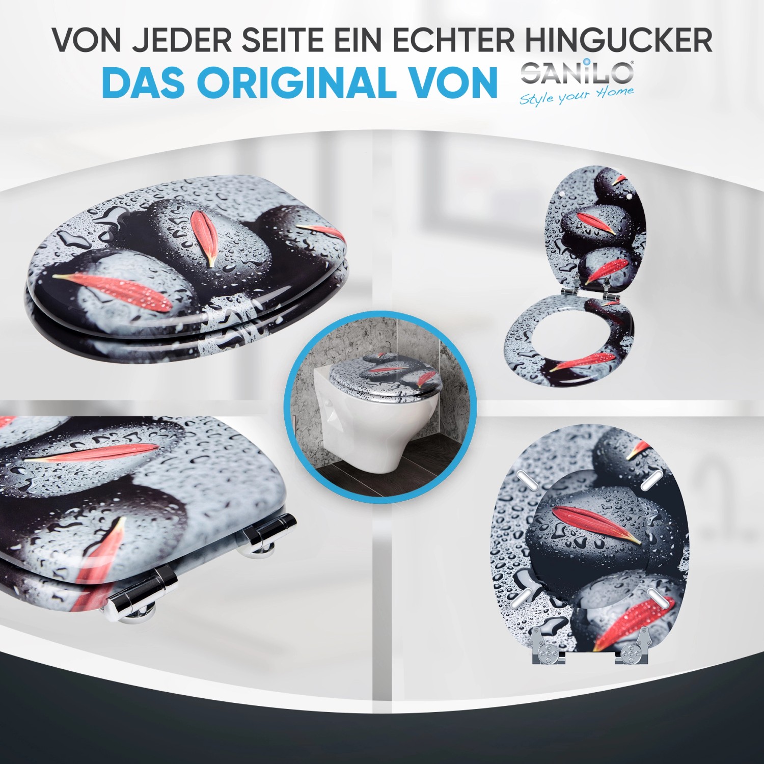 Sanilo WC-Sitz Elegance mit Absenkautomatik, Holz, Stein-Design mit roter Blüte.