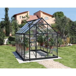 Palram Canopia Gewächshaus, 4,6 m², grau, mit Fundamentrahmen und Pflanzen.
