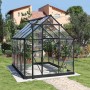 Palram Canopia Gewächshaus, 4,6 m², grau, mit Fundamentrahmen und Pflanzen.