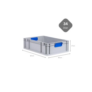 Graue Eurobox 34L mit blauen Griffen, 60x40x17cm, aus Kunststoff, für Lagerung und Transport.
