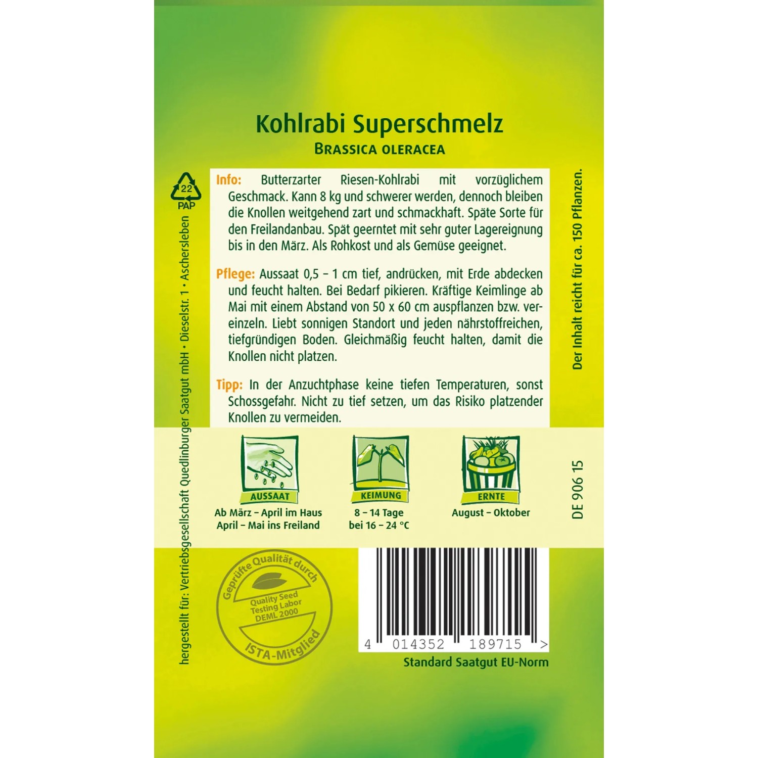 Quedlinburger Kohlrabi Superschmelz Samen für große, zarte Knollen.