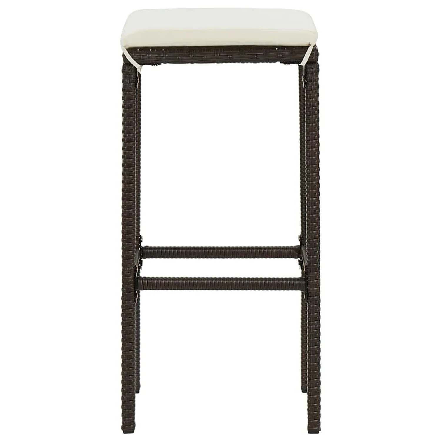 Barhocker aus braunem Rattan mit cremefarbenem Kissen, Teil des vidaXL Gartenbar-Sets.
