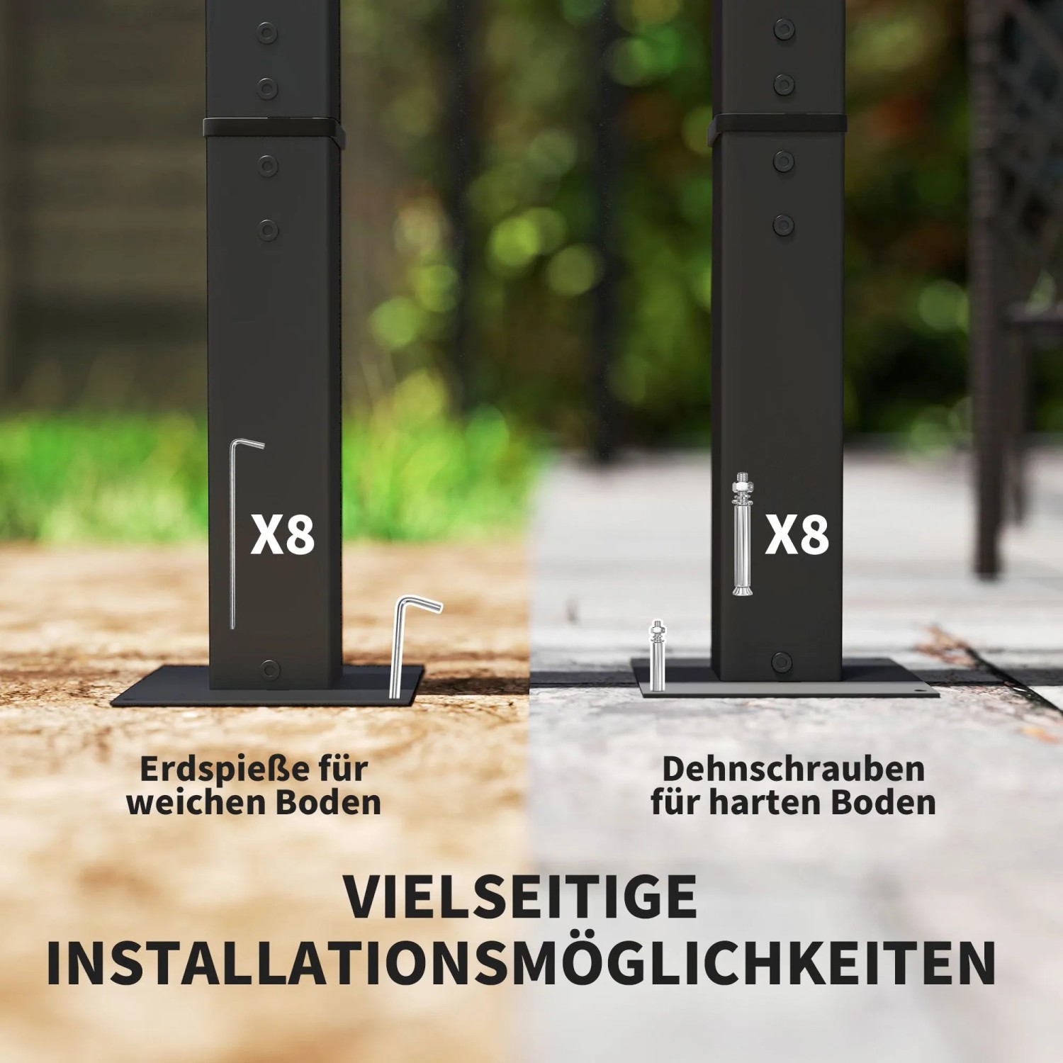 Furnicato Gartenpergola: Detailansicht der Befestigungsoptionen für weichen und harten Boden.