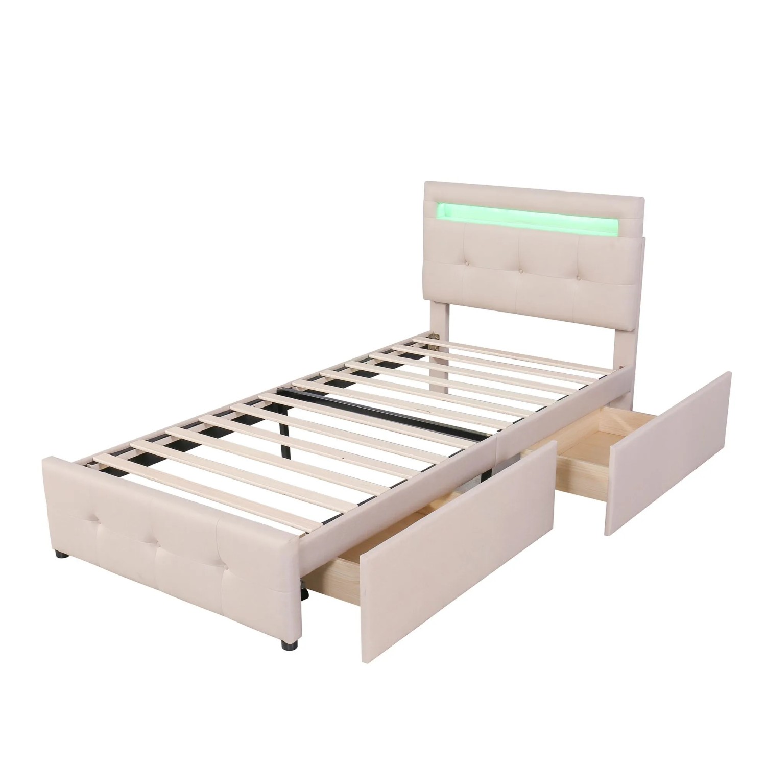 Merax Polsterbett 90x200cm LED Schubladen Leinen Beige