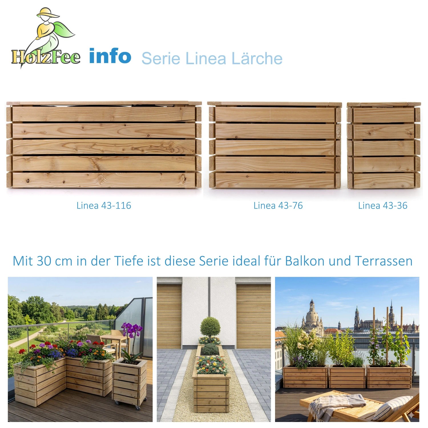 HolzFee Pflanzkasten Linea aus Lärche, 116 cm, rechteckig. Mehrere Kästen auf Balkon & Terrasse bepflanzt.