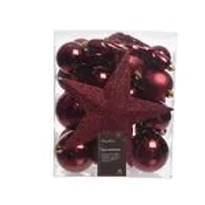 Rotes Kaemingk Weihnachtsbaumkugel-Set, bruchfest, mit Glitzerstern und 33 Kugeln in transparenter Box.