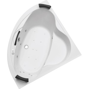 Weißes Whirlpool-Komplettsystem Siam 140 cm mit schwarzen Nackenstützen, Aufsicht.