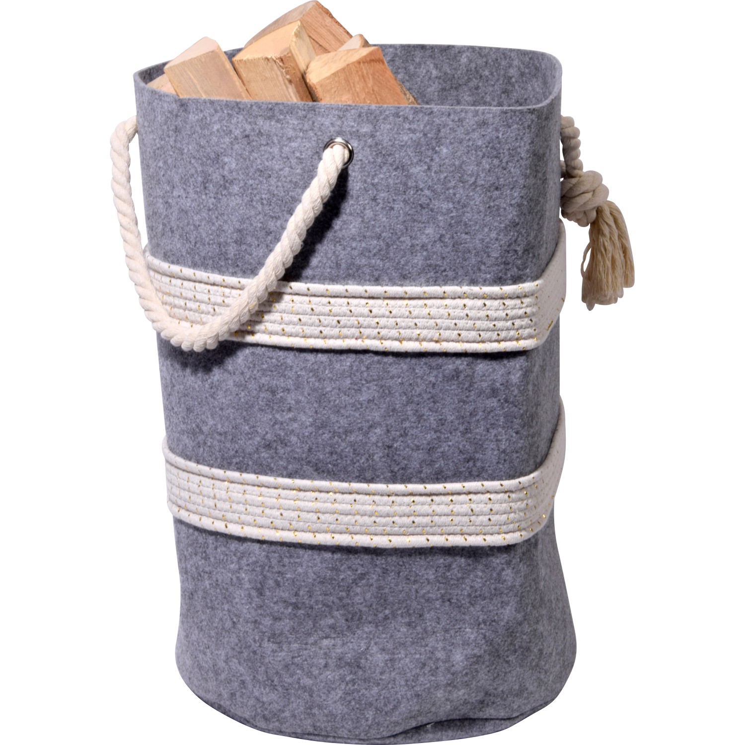 Grau-weißer Filzkorb von Dobar für Kaminholz, mit Tragegriffen, gefüllt mit Holz.