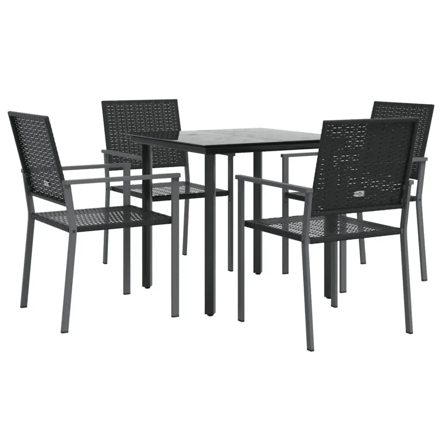 vidaXL Garten-Essgruppe, 5-teilig, aus Poly Rattan und Stahl, bestehend aus Tisch mit Glasplatte und vier Stühlen.