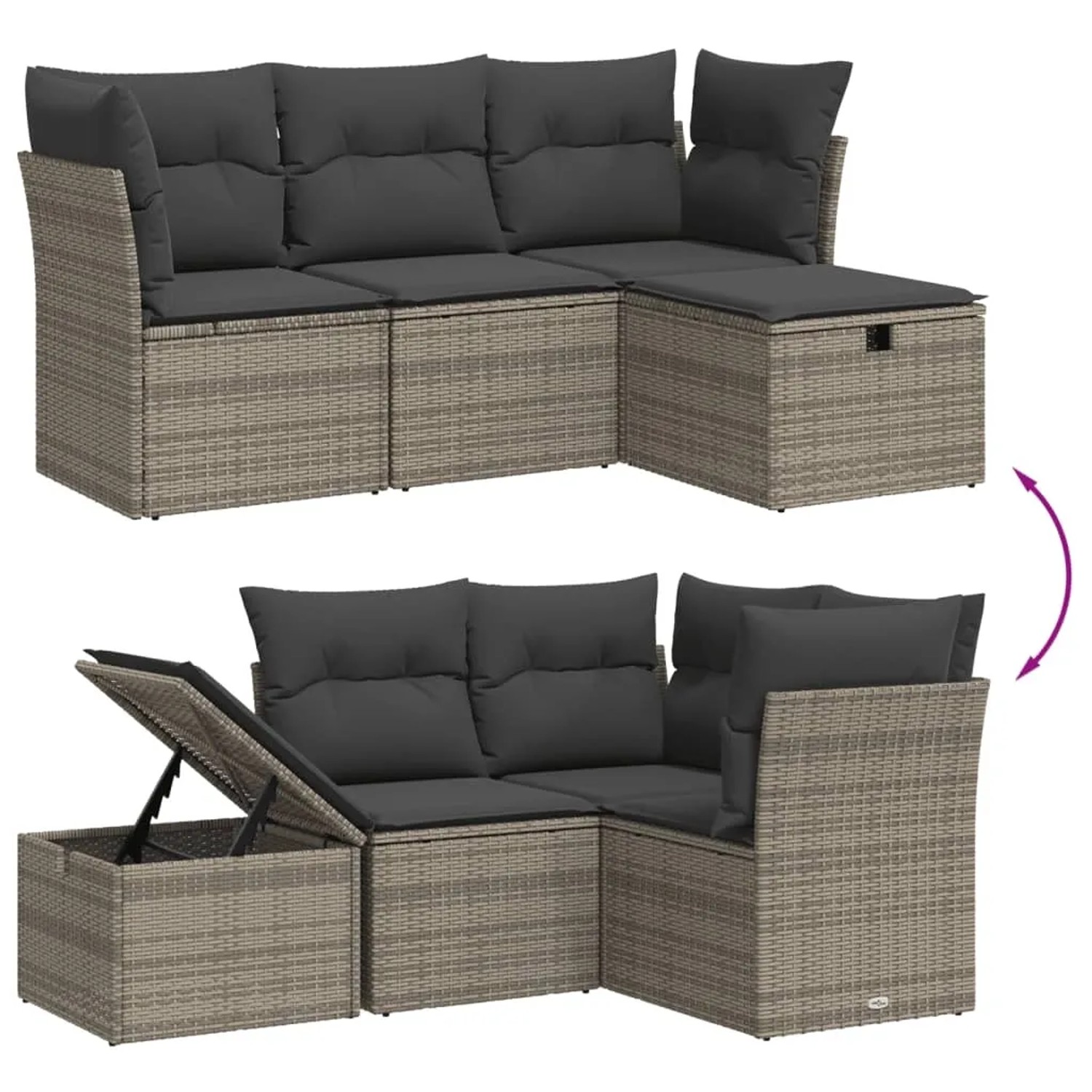 Graue 4-tlg. vidaXL Garten-Sofagarnitur aus Polyrattan mit Kissen. Modulares Design mit Stauraum.