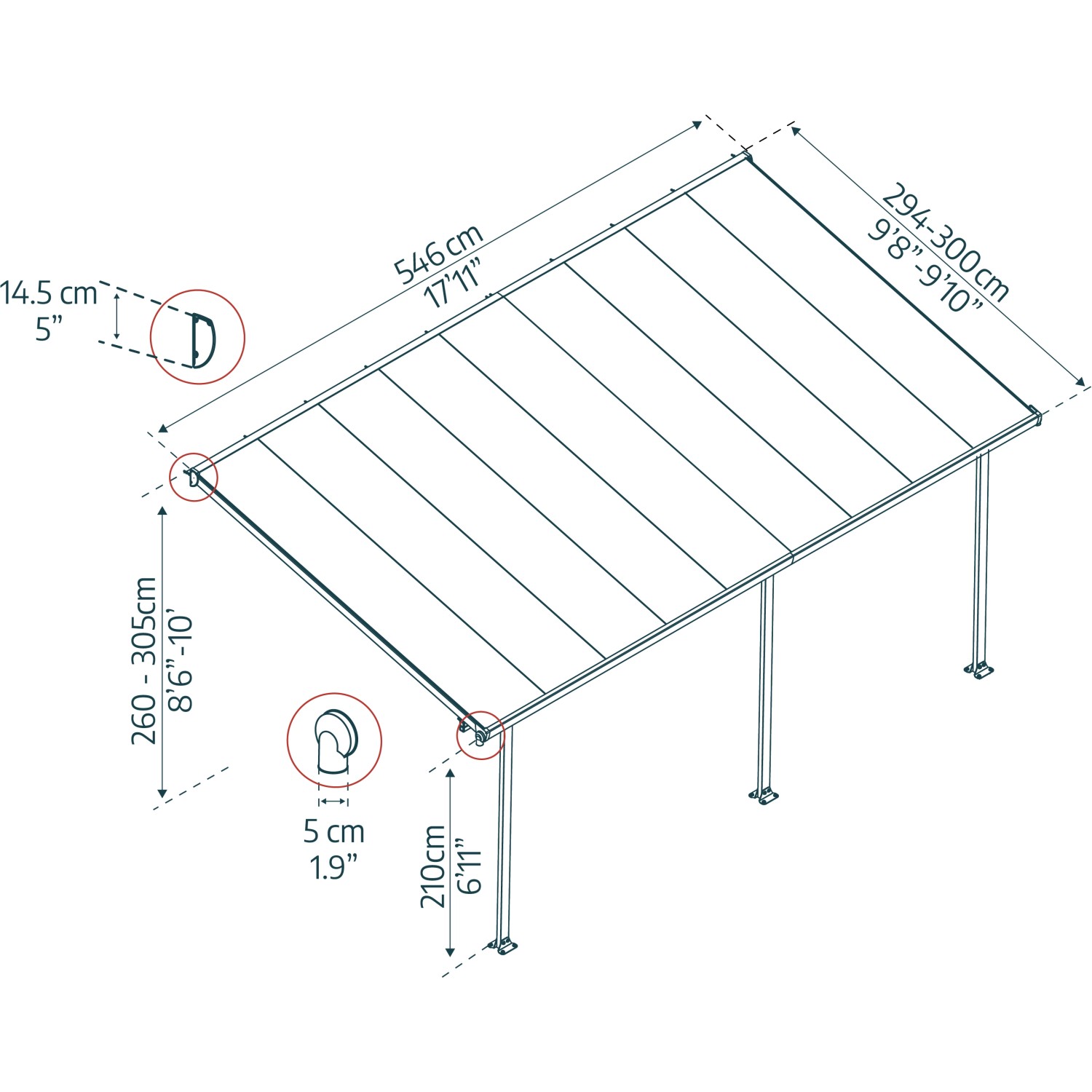 Technische Zeichnung: Palram Canopia Terrassenüberdachung Feria Anthrazit 3x5.46 mit Maßen.