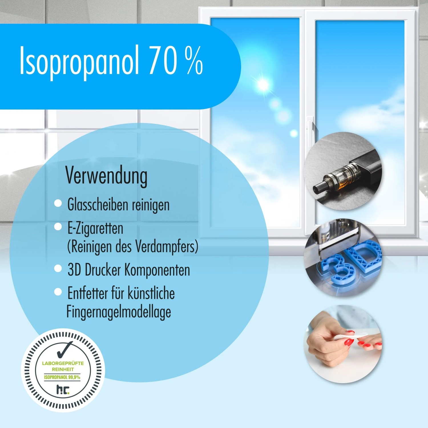 Höfer Chemie Isopropanol 70%: Lösungsmittel für Reinigung von Glas, E-Zigaretten, 3D-Drucker und Nägel.