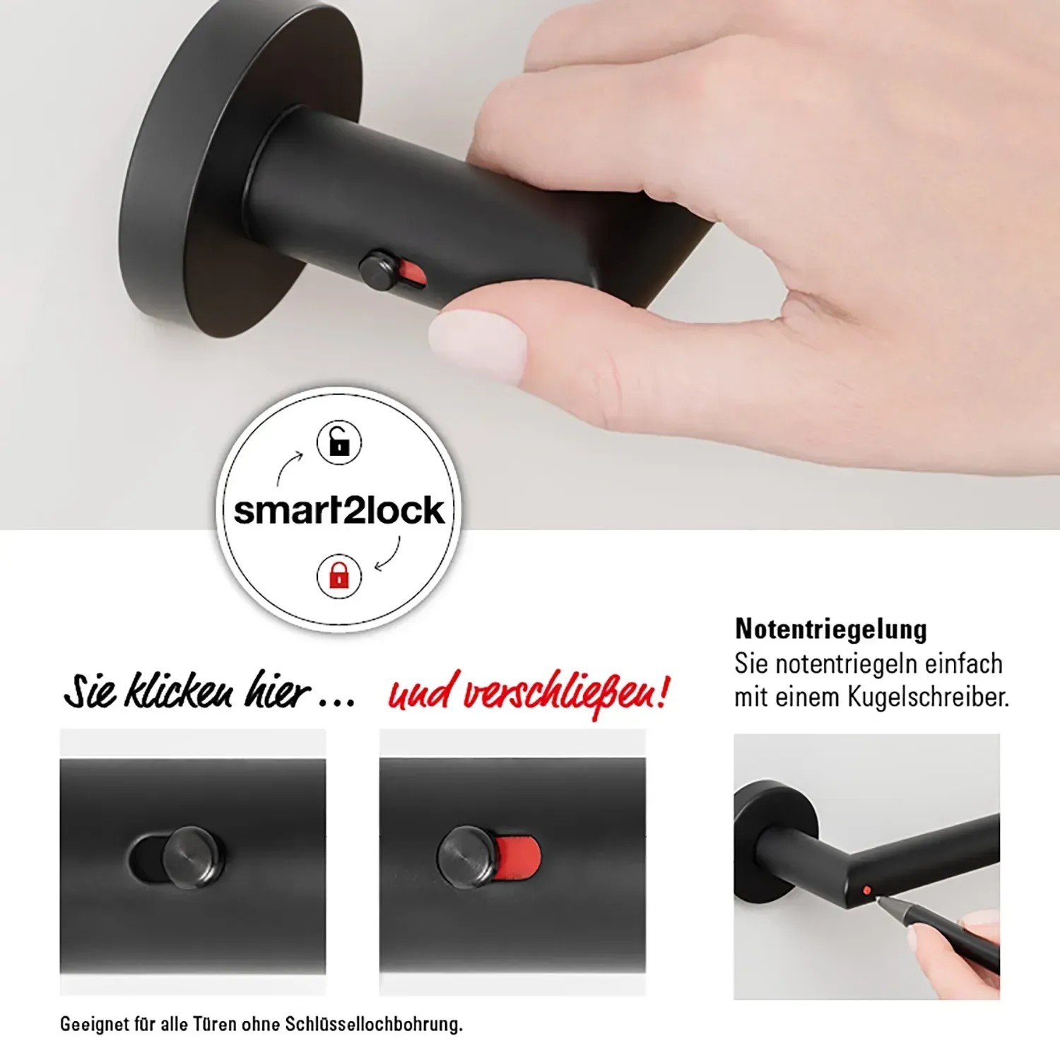 Novadoors Türgriff Nova Amico Smart2Lock links, Edelstahl, rosettenlos. Verriegelung per Knopfdruck.