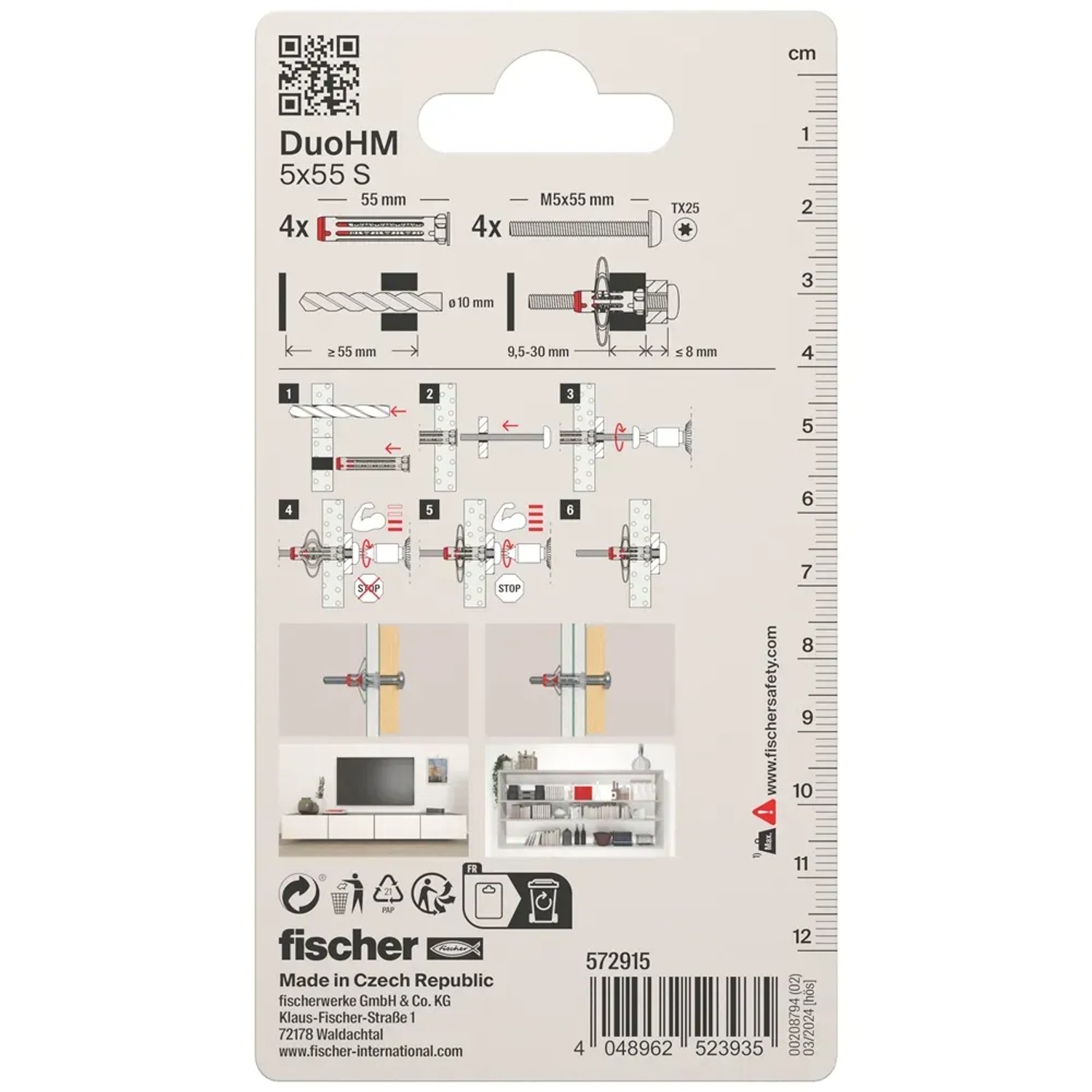 Fischer Hohlraumdübel DuoHM 10x55 mm, 4er-Set. Dübel für Hohlräume und Plattenbaustoffe, Montageanleitung auf Verpackung.