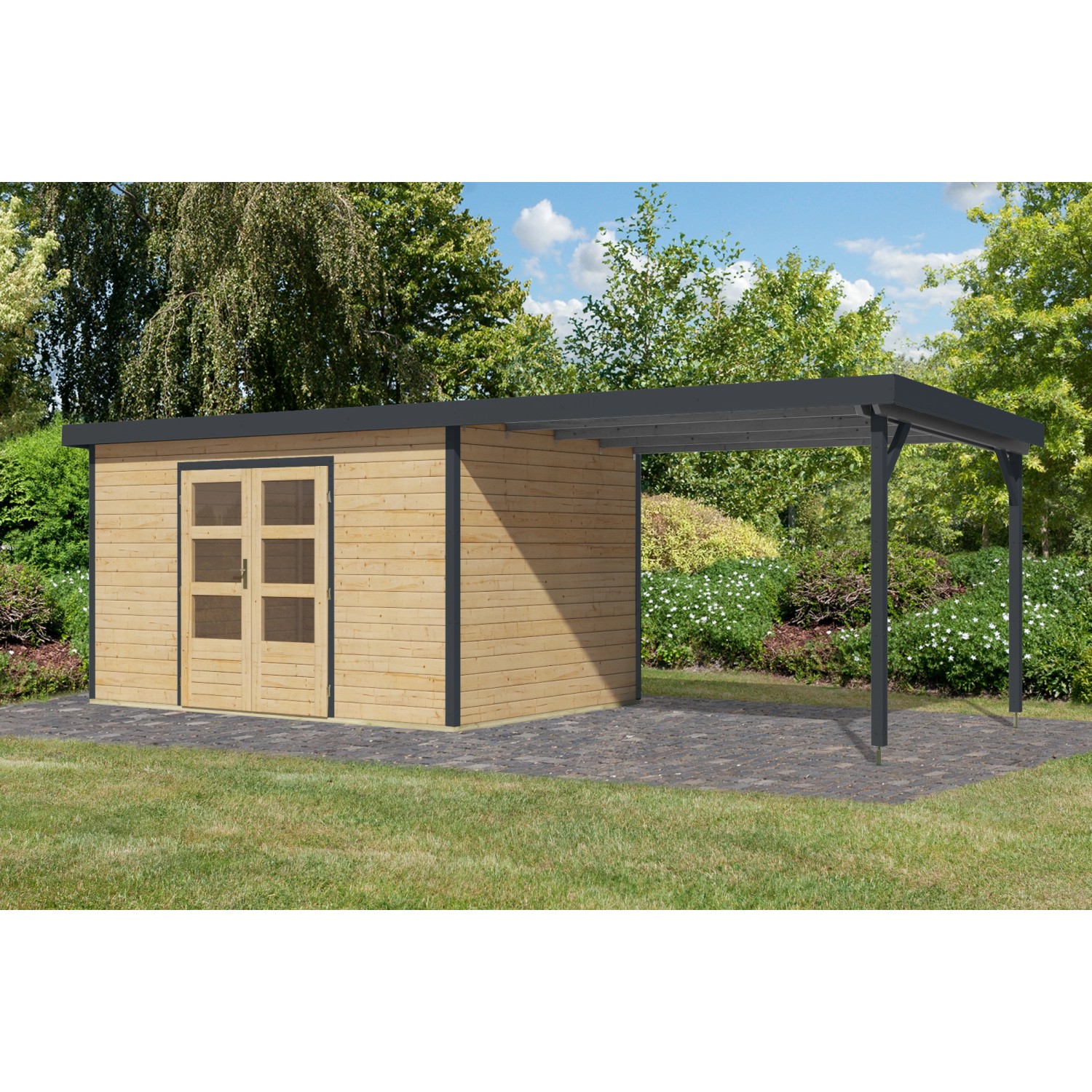 Karibu Gartenhaus Domingo 7 A m. Anbaudach Natur/Anthrazit 219 x 360 x 240 günstig online kaufen