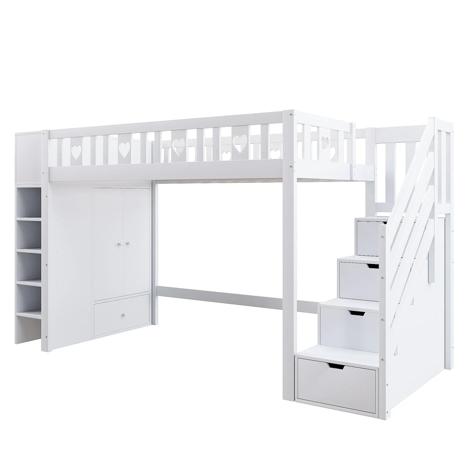 KOMHTOM Hochbett 90x200Cm Mit Stauraumleiter Regale Klappbarer Stauschrank Geländer In Liebesfürm Weiß Ohne Matratze