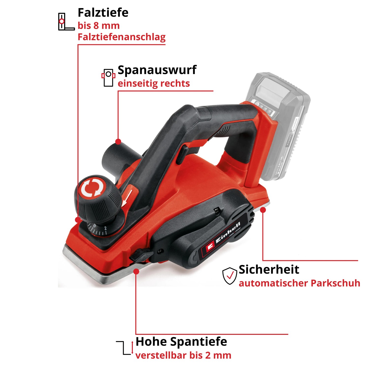 Einhell Akku-Hobel TE-PL 18/82 Li Solo: Roter Elektrohobel mit Akku, Einstellrad und Parallelanschlag.