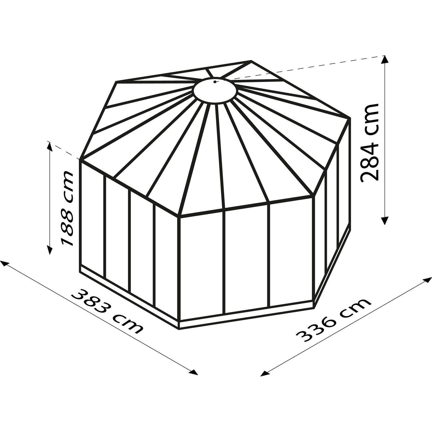 Skizze der Vitavia Vogelvoliere Circus 9000, ein Kunststoff-Gartenhaus mit Maßen 383,3 x 336 x 283,7 cm.