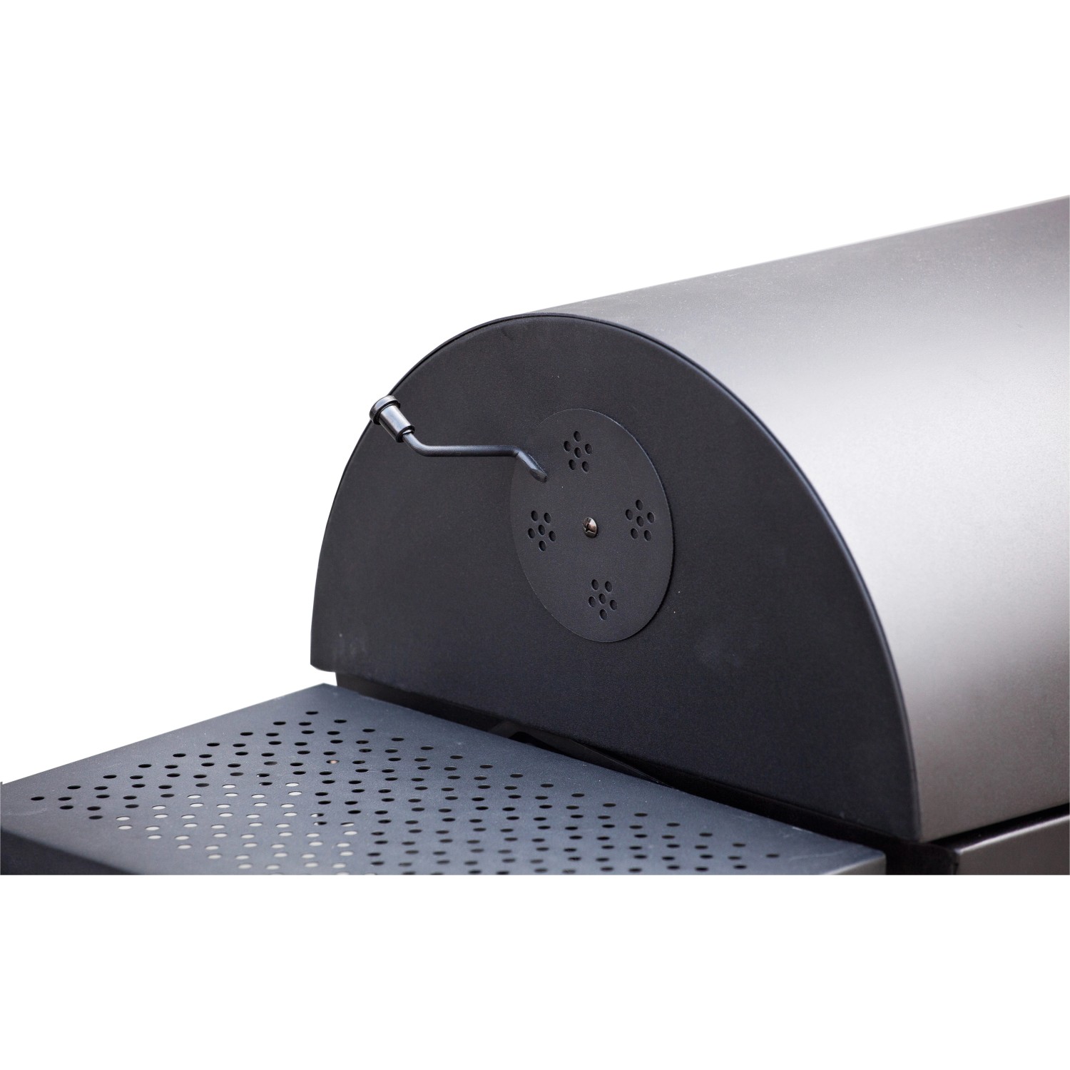 Detailansicht Holzkohlegrill Banff: Lüftung und Ablagefläche.