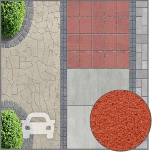 Terralith Pflasterfugenmörtel Ziegelrot für PKW-Flächen. Verschiedene Pflasterungen mit gefüllten Fugen und Mörteltextur.