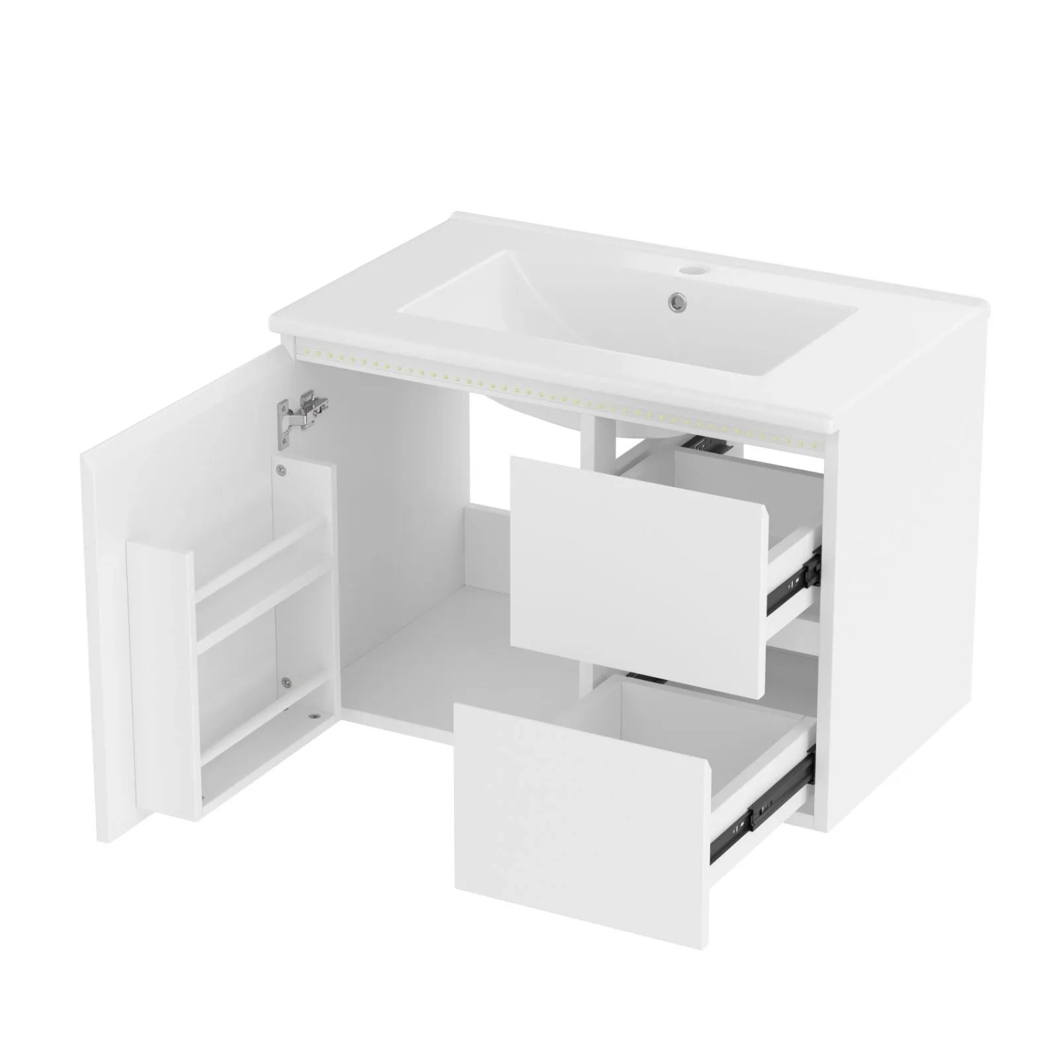 PXloue Waschtisch mit Unterschrank 76 cm Wandhängend Badmöbel Set Keramik Waschbecken LED Sensor Licht Weiß