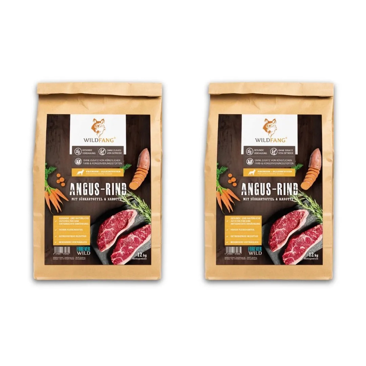 Wildfang Adult Trockenfutter mit Angus Rind Getreidefrei 2 x 6 kg