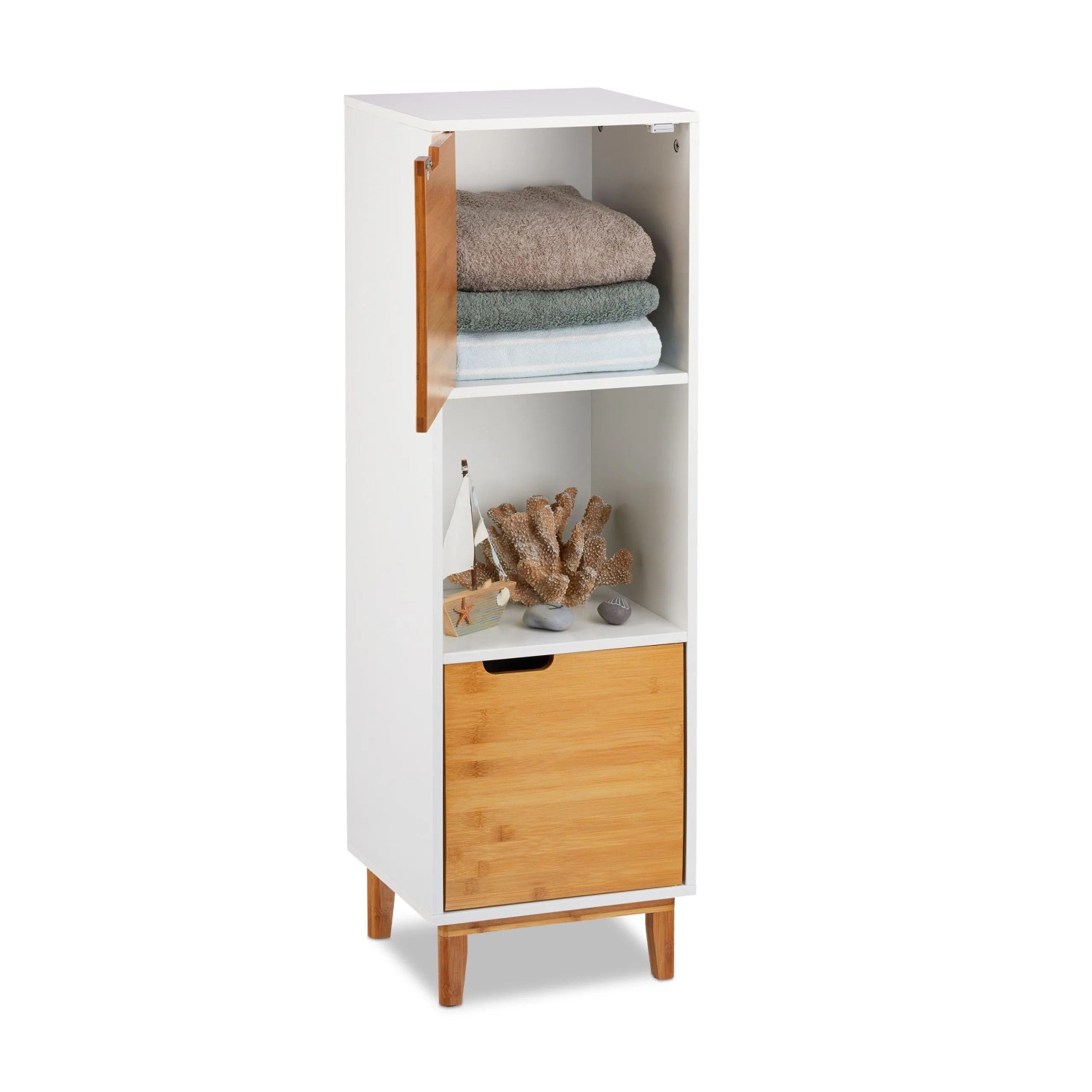 Relaxdays Standregal MDF Bambus Weiß Natur Mit Magnetverschluss 101 cm x 32 cm x 30 cm