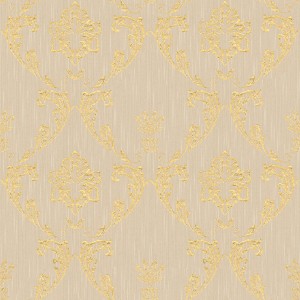 Beige-goldene Barock Tapete mit Glitzer-Effekt. Elegante Textil Vliestapete für Wohn- und Esszimmer.