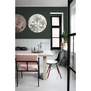 ESTAhome runde Tapete Palmen, hellbeige/graugrün (Ø 70cm) als Wandtattoo im Esszimmer.