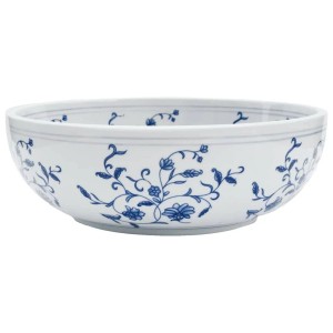 Rundes Aufsatzwaschbecken in Weiß und Blau mit floralem Muster, Ø41 cm.