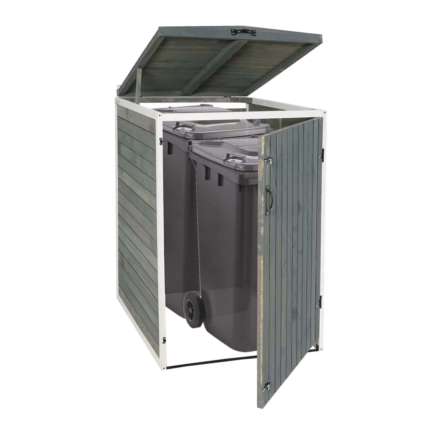 Proregal XL Mülltonnenbox für 1-2 Tonnen, grau-weiß, Holz mit geöffnetem Deckel und Tür.