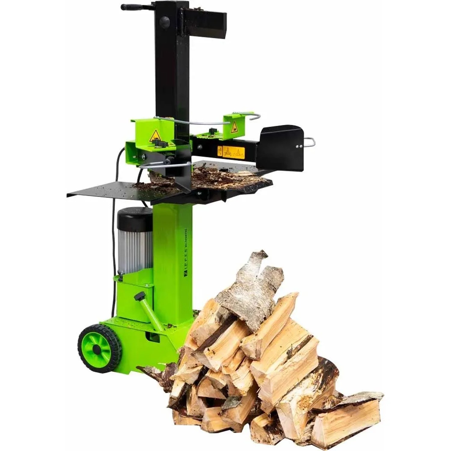 Zipper Holzspalter ZI-HS8TN_230V: Vertikaler Holzspalter in Grün und Schwarz mit Holzscheiten.