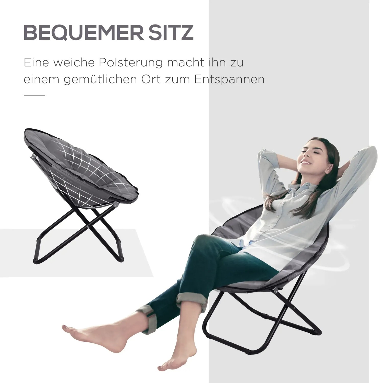 Outsunny Campingstuhl, grau, mit Metallrahmen. Frau entspannt sitzend. Ideal für Camping und Garten.
