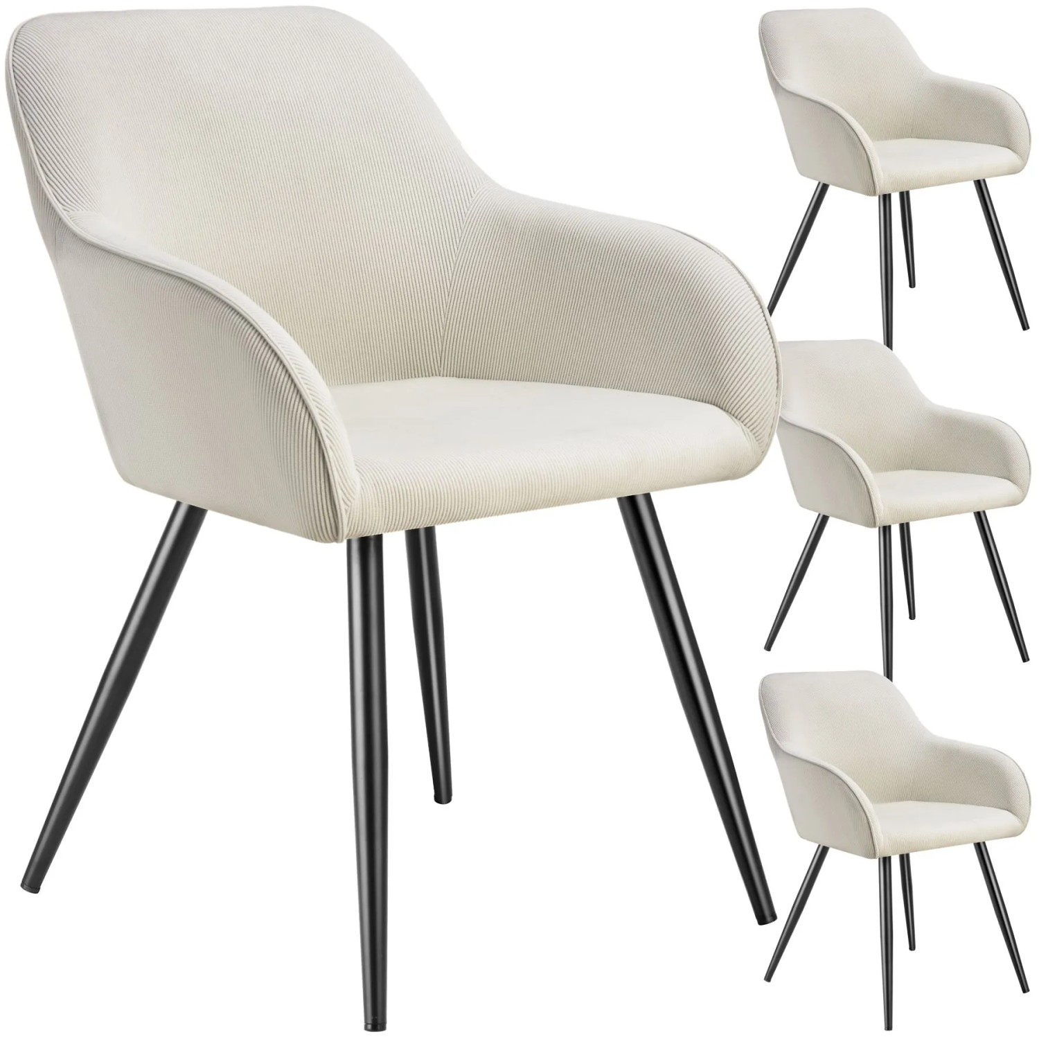 Tectake Esszimmerstuhl Marilyn Gepolstert  In Cordoptik Durchgehende Lehne 4Er Set 58 x 62 x 82 cm Creme Schwarz