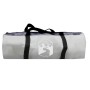 Graue vidaXL Zelt-Tragetasche aus Polyester mit schwarzen Gurten und weißem Logo. Perfekt für den Transport von Pavillons.