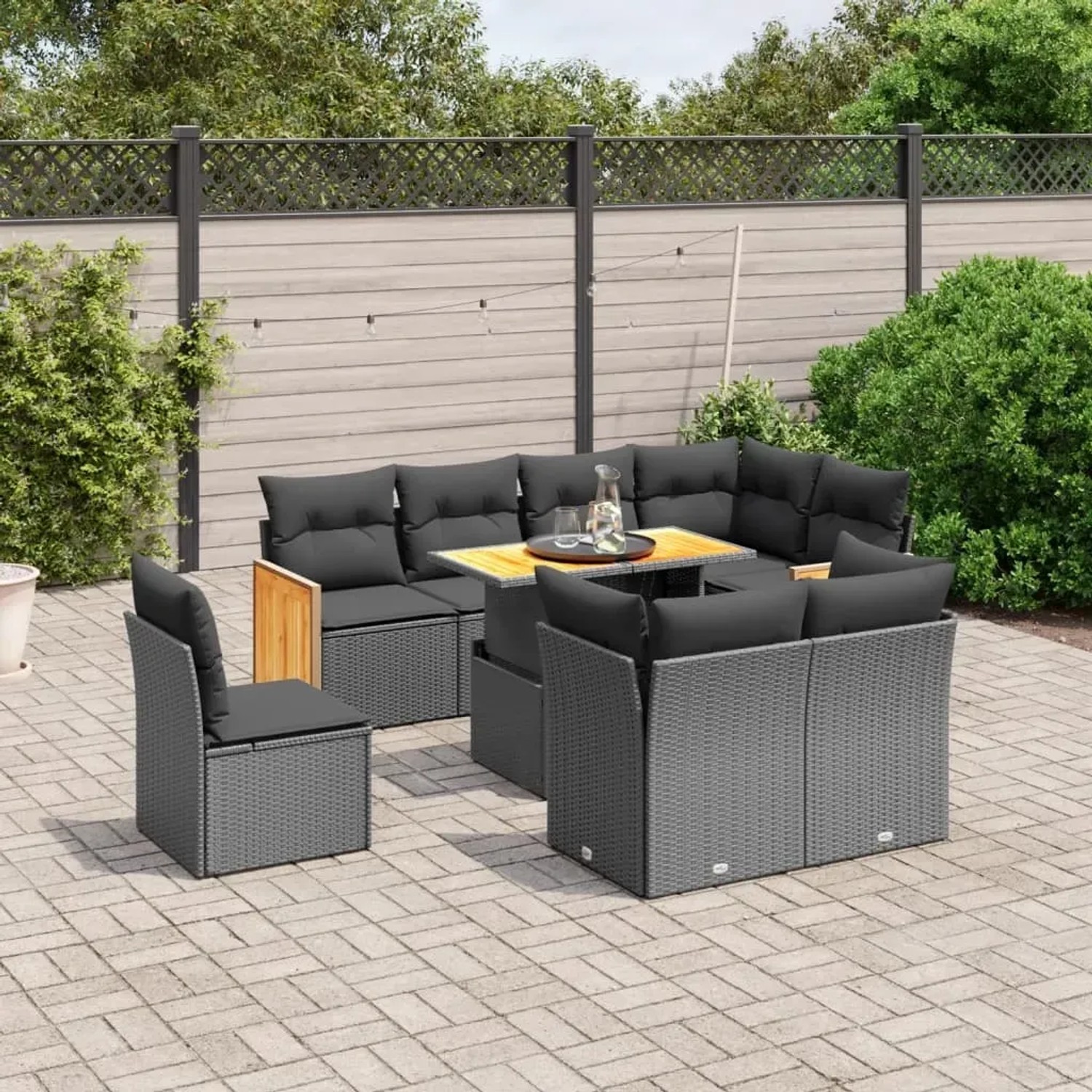 vidaXL 9-tlg. Garten-Sofagarnitur mit schwarzen Polyrattan-Möbeln und Kissen.