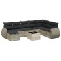 8-tlg. Garten-Sofagarnitur vidaXL aus Rattan, hellgrau, mit Kissen. Gartenmöbel-Set mit Ecksofa, Sesseln und Tisch.