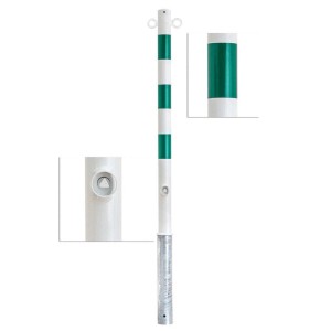 Herausnehmbarer, feuerverzinkter Absperrpfosten, weiß mit grünen Reflexstreifen, 900mm hoch.