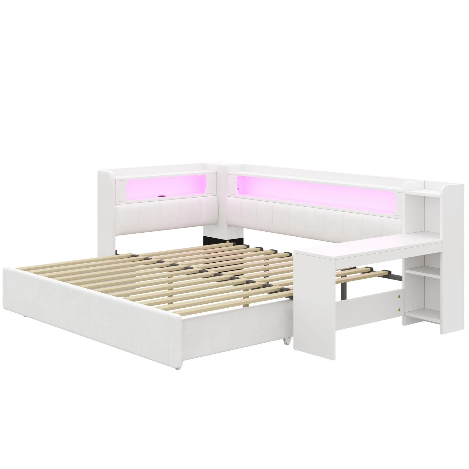 Merax Polster Tagesbett 90x200 Bis 180x200 cm Mit USB LED Ausziehbett Schreibtisch Weiß