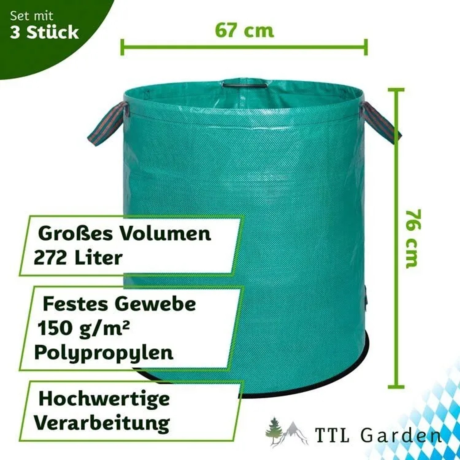 Grüner TTL GARDEN Gartensack, 272 L Volumen, mit Griffen, selbststehend. Robustes Polypropylen für Laub & Gartenabfall im 3er Set.