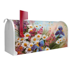 Weißer US Briefkasten mit Sommerblumen Motiv. Stahl, pulverbeschichtet, mit roter Fahne.