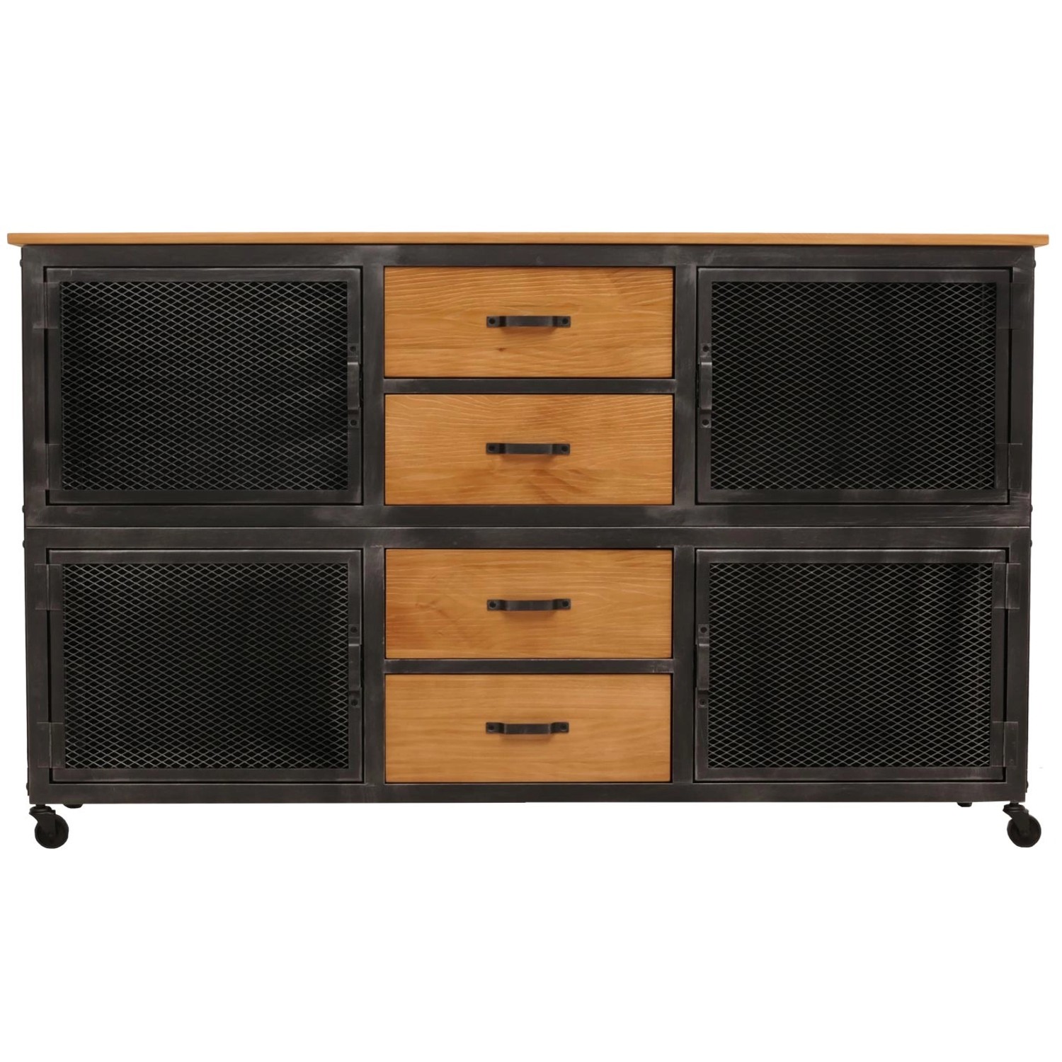 Schwarzer Werkstattwagen mit 4 Schubladen und Fächern, Holzplatte, 90x150x40cm.