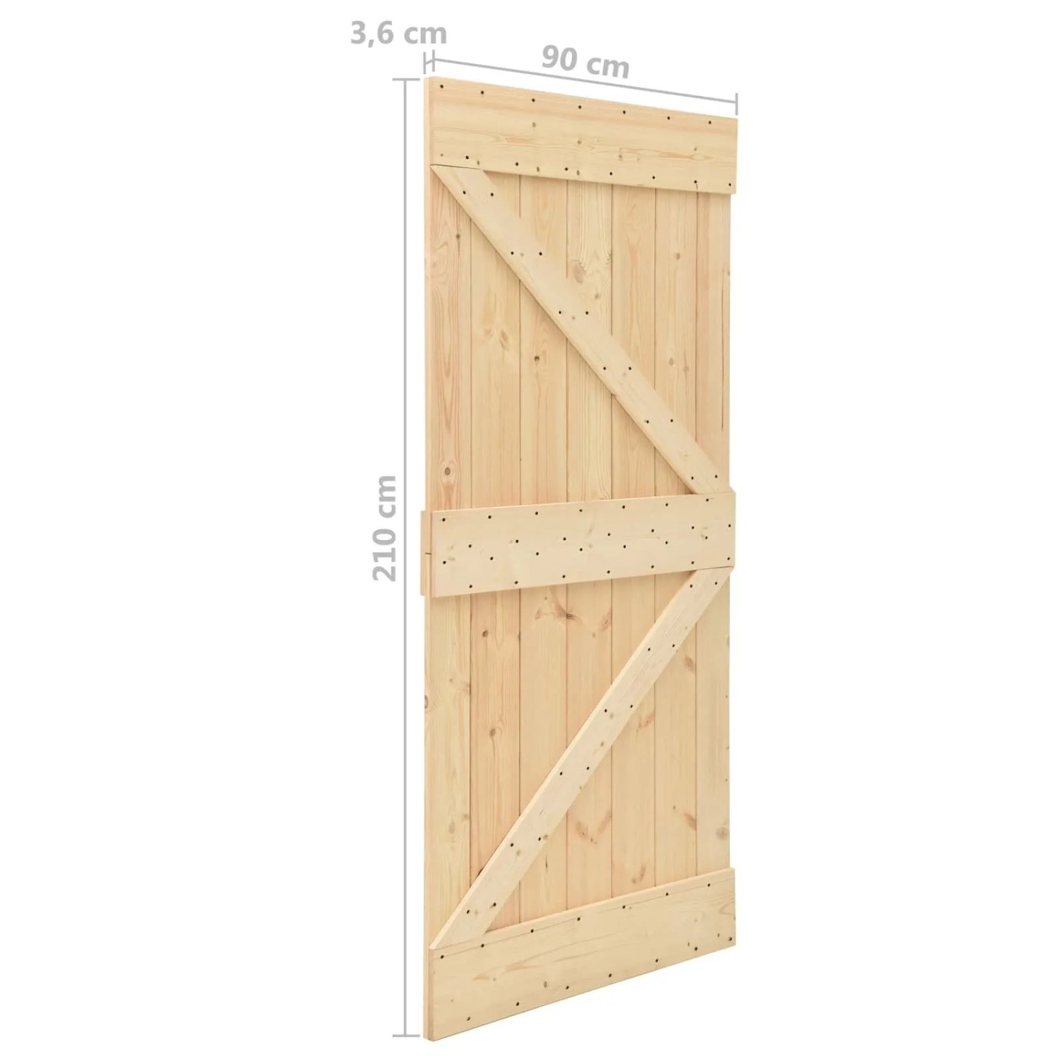 Schiebetür aus massivem Kiefernholz in Natur, mit diagonalen Streben und Maßen 90 x 210 cm.