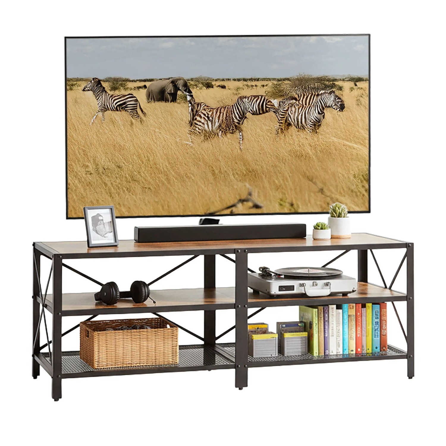 Relaxdays TV Lowboard Holzwerkstoff Stahl Braun Schwarz 4 Fächer Rutschfest 52 cm x 140 cm x 39 cm 17,9 kg