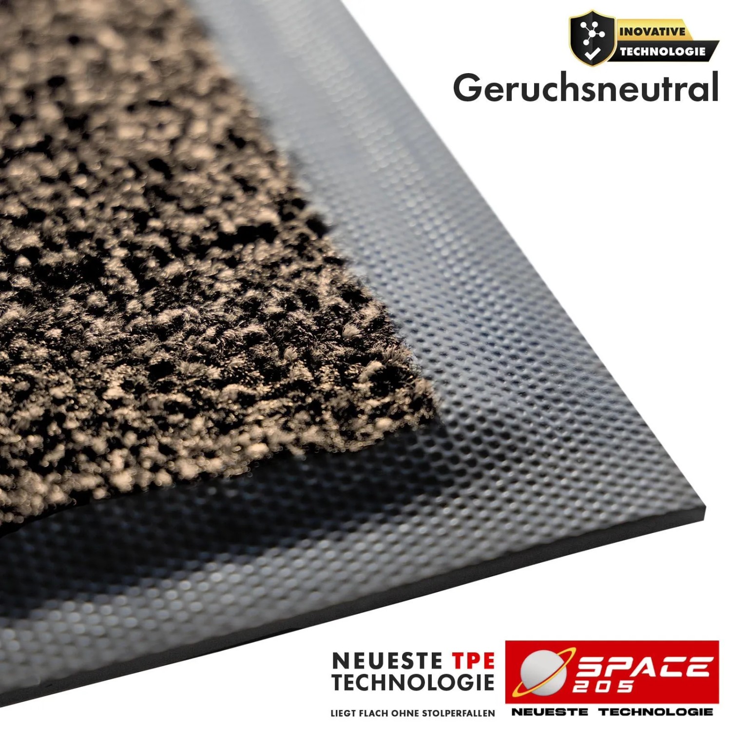Floordirekt Schmutzfangmatte Space 205 Ocker. Nahaufnahme der rutschfesten TPE-Rückseite und der Velours-Oberfläche.