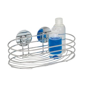 Wenko Wandablage Turbo-Loc, Chrom, runde Drahthalterung mit zwei Saugknöpfen und zwei Flaschen.