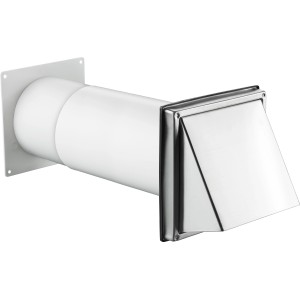 Teleskop-Mauerkasten Ø 125 mm mit Edelstahl-Ablufthaube, weißer Kunststoff und silberner Edelstahl