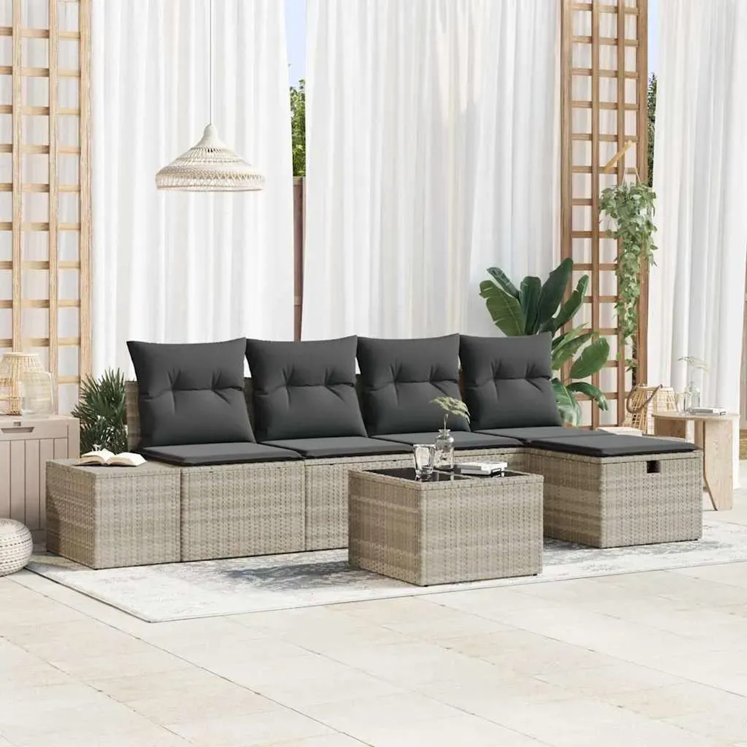 Hellgraues 6-tlg. vidaXL Garten-Sofa-Set aus Poly Rattan mit Kissen.