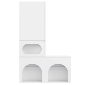 Weißer L-förmiger Katzentoilettenschrank mit Hochschrank, ovaler Öffnung und zwei Bögen als Katzenhaus und Stauraum.