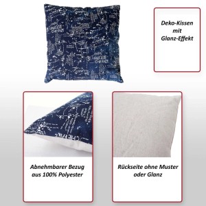 Blaues Deko-Kissen 45x45cm mit weißer Schrift, Glanz-Effekt und abnehmbarem Polyester-Bezug.
